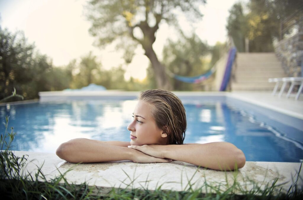 woman, blonde, young, the person, nice, swimming pool, pool, the water, nature, reflections, trees, out, the nature, grass